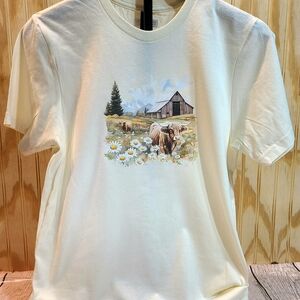 Highland Cow Pastoral Scene Cream Short Sleeve Tee